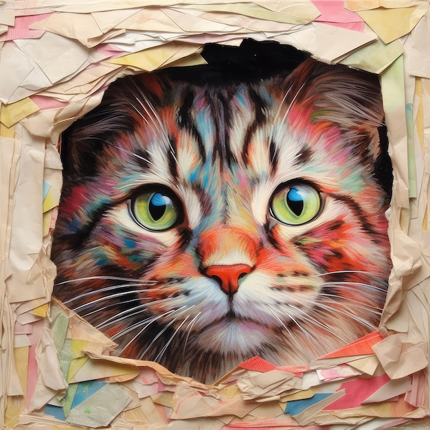 Cat Looks Through Paper Hole Background Funny Pet Background Abstract Generative AI Illustration