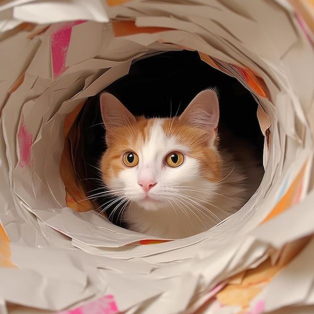 Cat Looks Through Paper Hole Background Funny Pet Background with Copy Space Cat Looks Through Paper Hole Mockup Abstract Generative AI Illustration