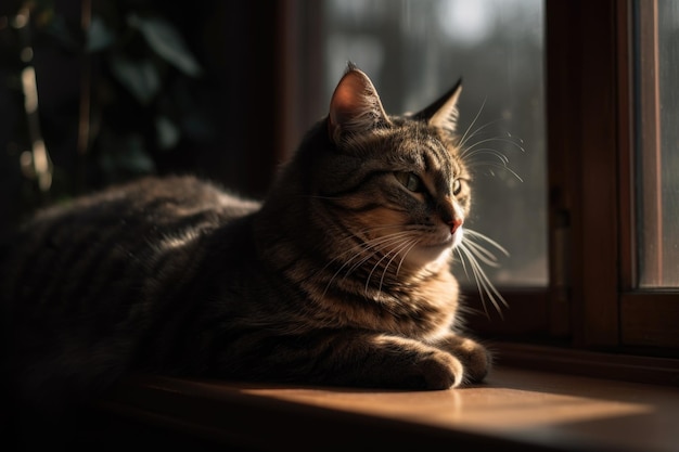 居心地の良い窓枠でくつろぎ、外の景色を楽しむ猫