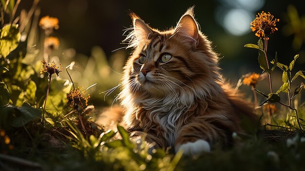 Фото Кошка, отдыхающая в зеленой траве