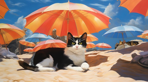 a cat lounging on a sunny patch of sand surrounded by beach umbrellas