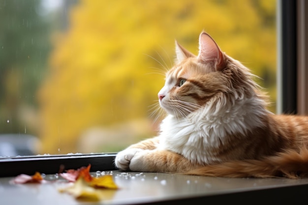 外は秋の雨が降る中、暖かい窓辺でくつろぐ猫