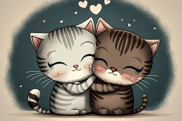 Кошачья любовь Кошачья пара обнимается, обнимается и целуется Два милых влюбленных котенка держат красное сердце в День святого Валентина Генеративный ИИ