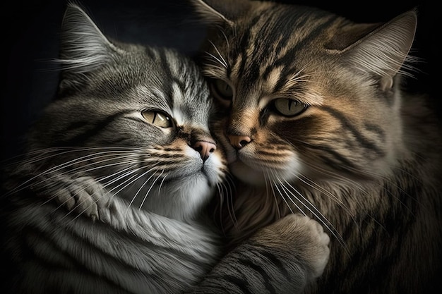 猫の愛 抱きしめたりキスしたりする猫のカップル 恋に落ちた 2 匹のかわいい猫の子猫 バレンタインデーに赤いハートを持っている ジェネレーティブ AI