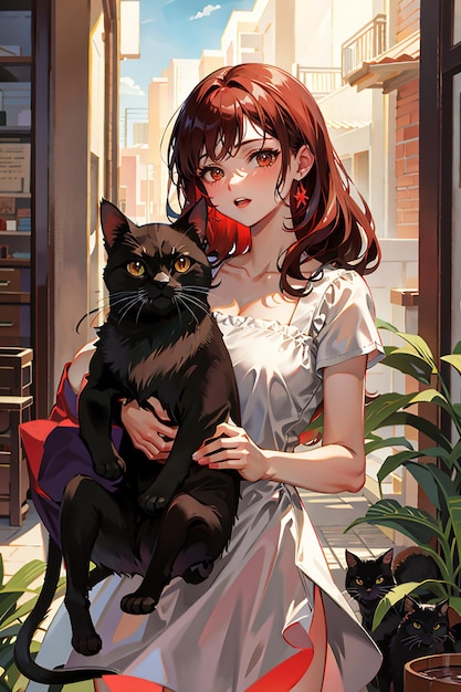 cat lover girl anime style illustration