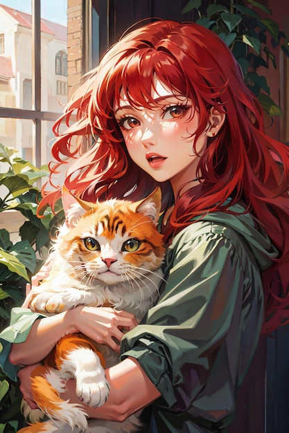 cat lover girl anime style illustration