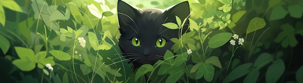 Кошка в пышной зеленой природе