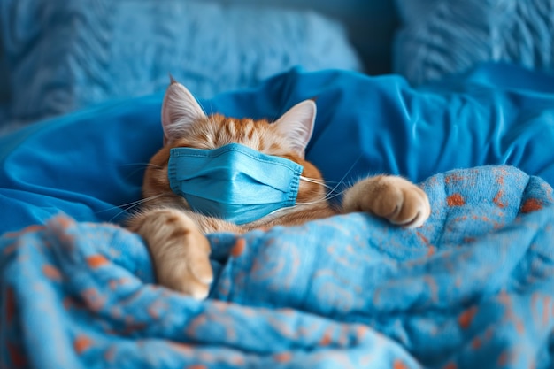 Cat lying in bed wearing protective medical mask Concept of healthcare and medical treatment Med Insurance epidemic season or flu colds and quarantine