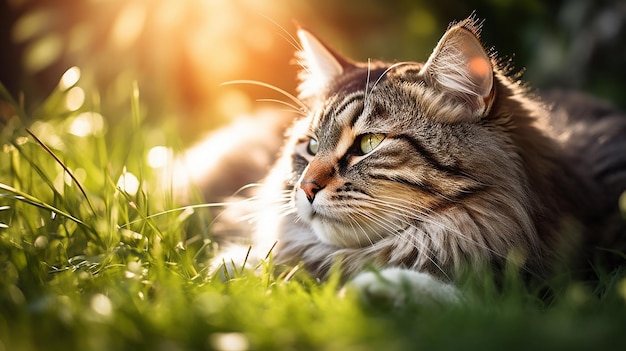 a cat lying in the grass with the sun behind him.