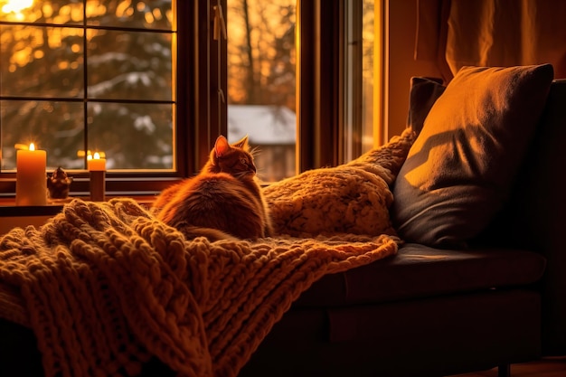Foto gatto sdraiato sul divano in casa luce della sera
