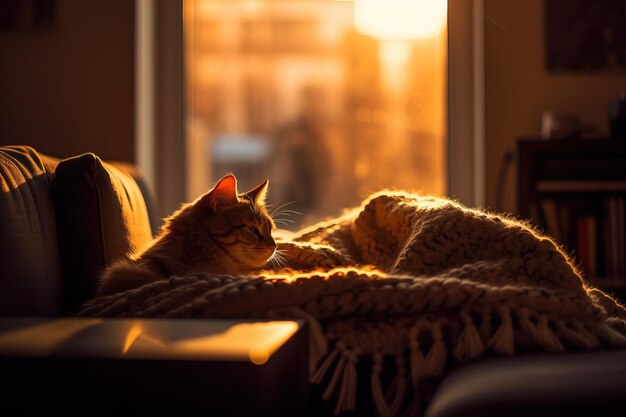 Foto gatto sdraiato sul divano in casa luce della sera