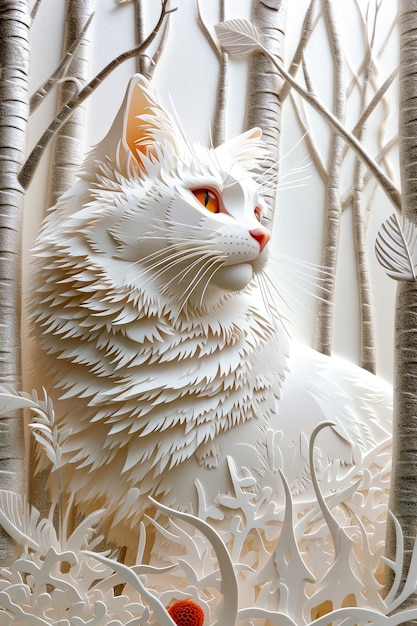 Cat made out of paper with orange eyes and white body