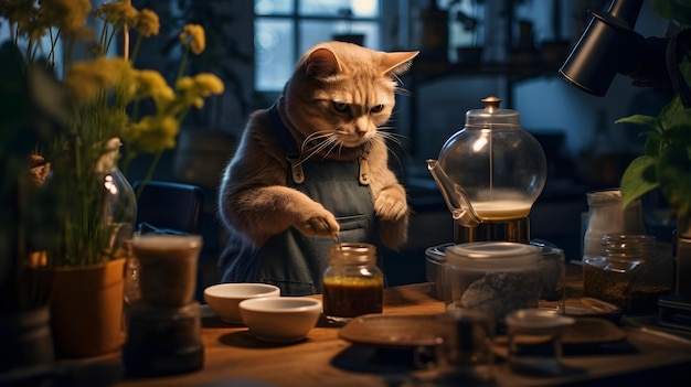 커피숍에서 커피를 만드는 고양이
