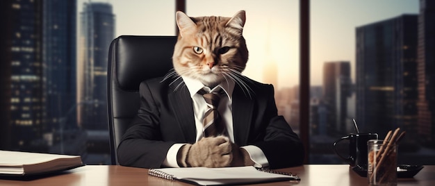 Photo cat manager in a suit sitting in the office