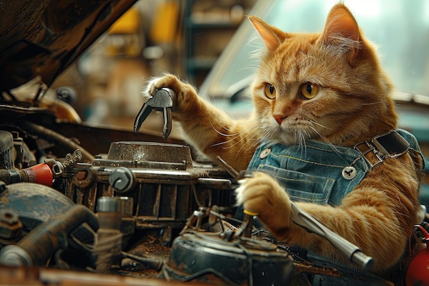 Cat Mechanic Tinkering Under the Hood