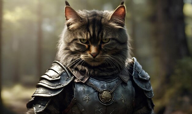 a cat in medieval metal armor in the middle of the woods