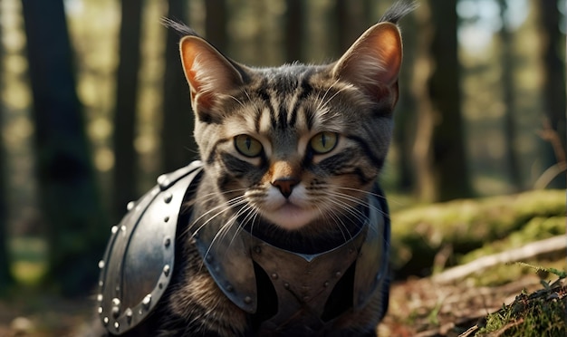 Photo a cat in medieval metal armor in the middle of the woods