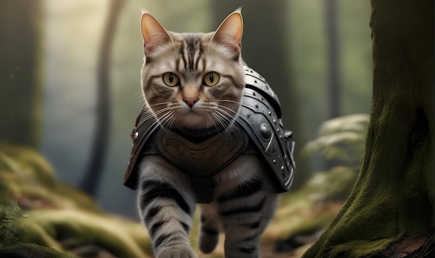 Photo a cat in medieval metal armor in the middle of the woods