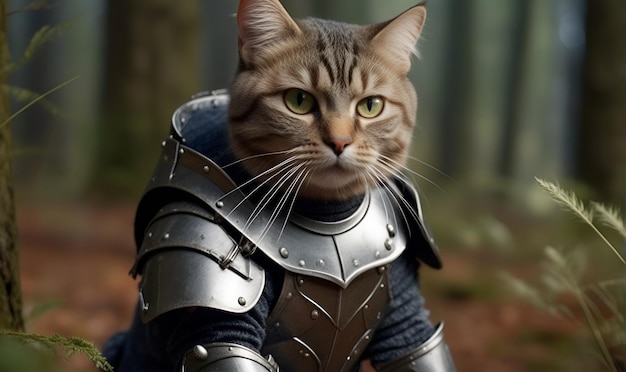 a cat in medieval metal armor in the middle of the woods