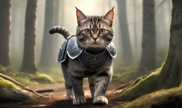 Photo a cat in medieval metal armor in the middle of the woods