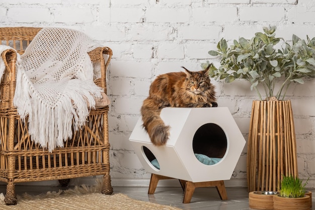 The cat of the Meikun breed is sitting on his pet house with a bowl of food nearby