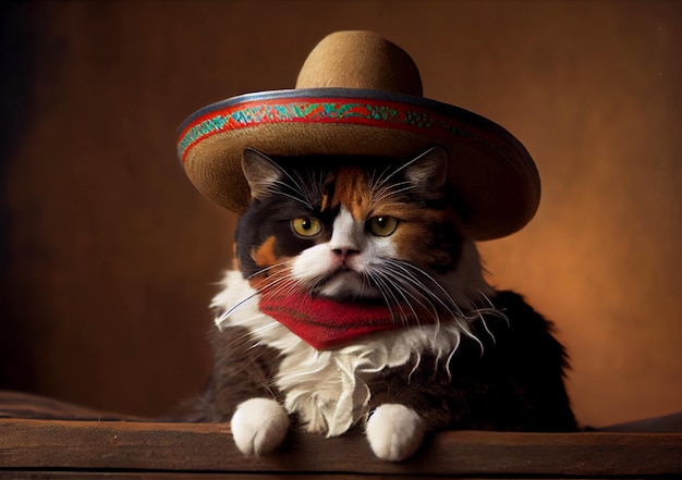 Cat in a mexican hat on a uniform background