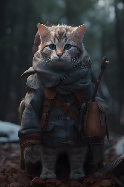 A cat in a military uniform with a rifle