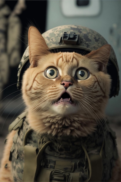 A cat in a military uniform with a soldier's face.