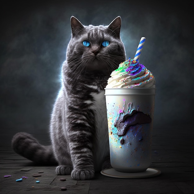 A cat next to a milkshake with blue eyes and a colorful straw.