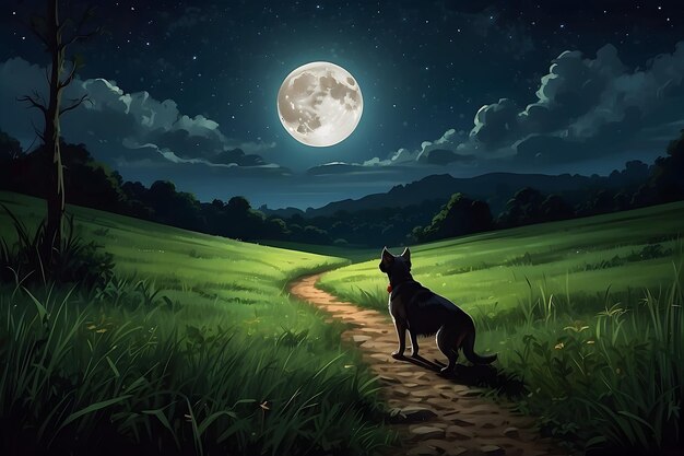 a cat and the moon are on a field