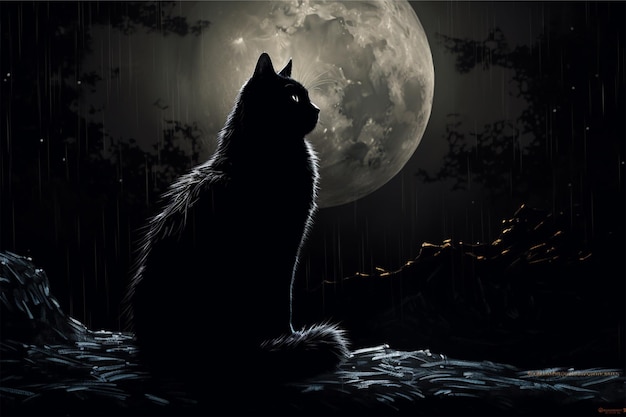 a cat and a moon looking at the moon