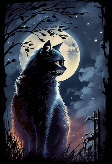 Cat in the moonlight watercolor