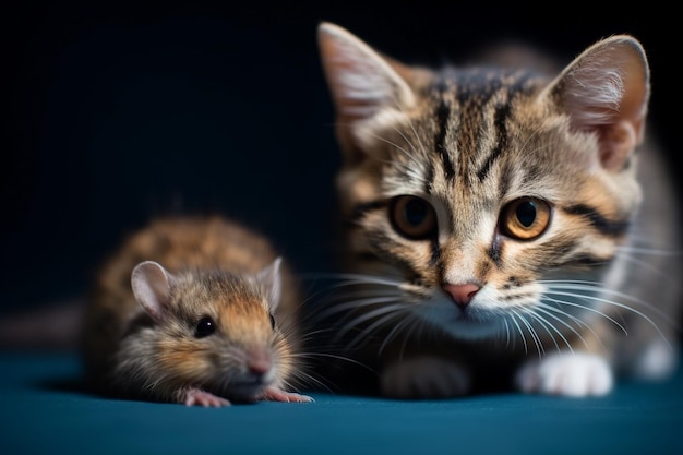A cat and a mouse are looking at each other