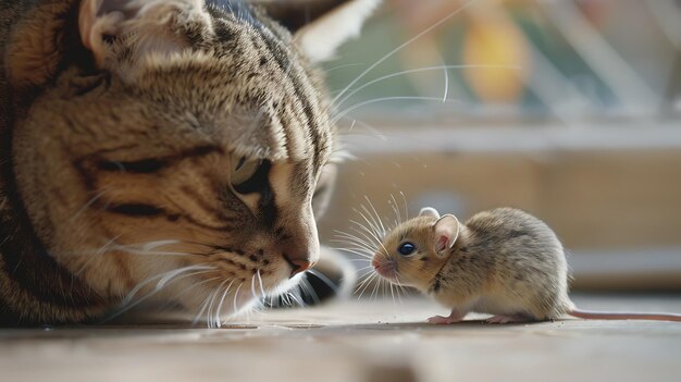 A cat and a mouse are staring at each other