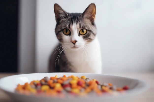 Cat near a bowl of food nutrition concept generative ai