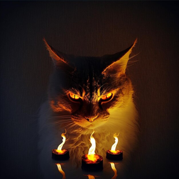 Foto gatto vicino alle candele al buio