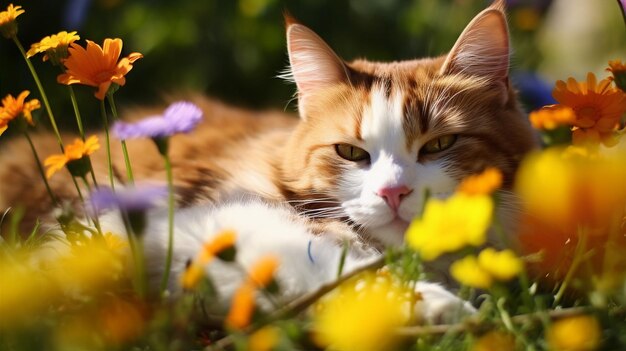 Cat nestled in a bed of spring flowers a vibrant splash of colors around its peaceful repose