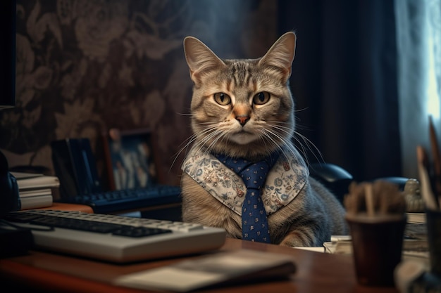 Cat in an office suit is sitting at a desk in the office Cat manager accountant