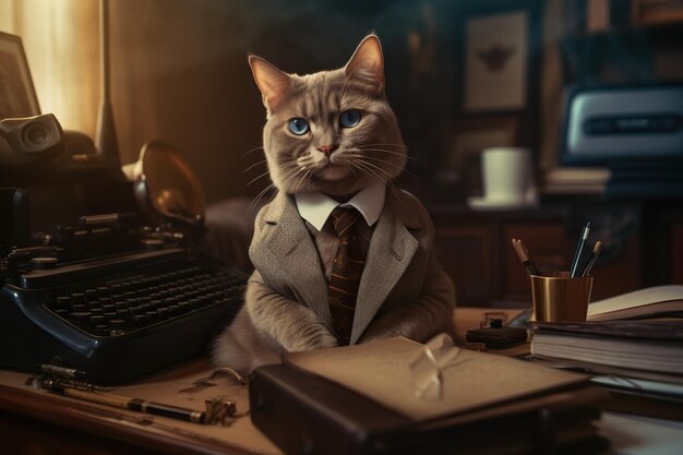 Cat in an office suit is sitting at a desk in the office Cat manager accountant