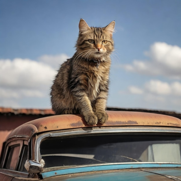 cat on old car