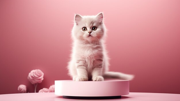 写真 色の背景のポディウムの猫