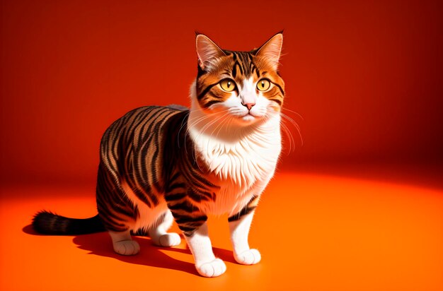 Cat on orange background in room Cute domestic pussycat Generative AI