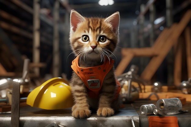 A cat in an orange vest stands on a table in a warehouse.