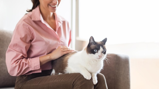 自宅でペットをなでる愛を示す猫の飼い主の女性