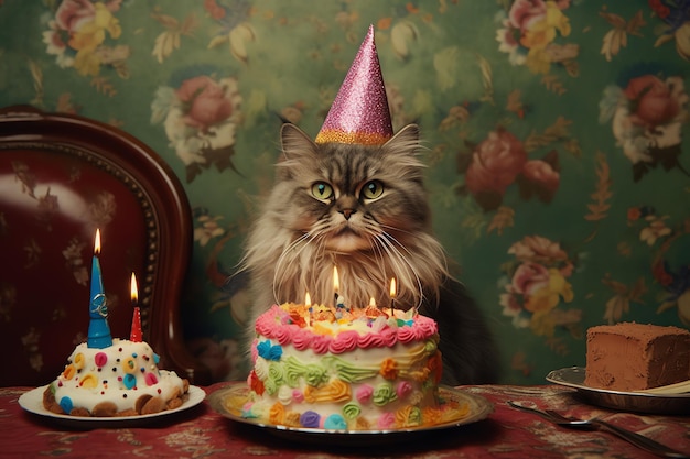 A cat in a party hat with a birthday cake on it