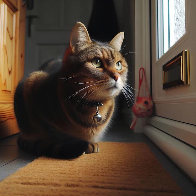 飼い主と散歩を楽しみにして玄関のそばに座っている猫