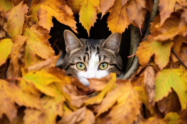 Cat peeking from behind leaves in tree created with generative ai
