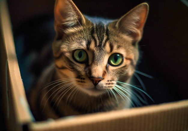 A cat peeking out of a cardboard box