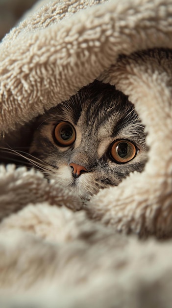 Фото Кошка, выглядывающая из-под одеяла