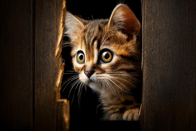 Cat peeking out of the hole in the box Brown background